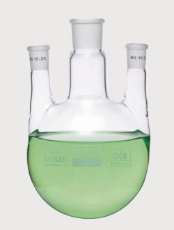 Round bottom flasks with three necks, NS joints, parallel side arms, borosilicate glass 3.3