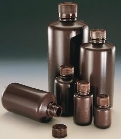 Narrow-mouth bottles Nalgene™ Economy, HDPE, with screw cap, PP, brown