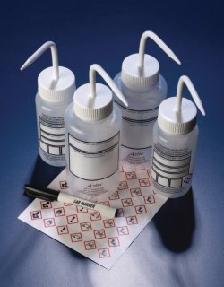 Safety wash bottles with blank write-on-panel, LDPE