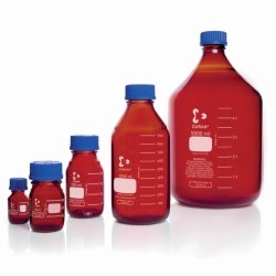 Laboratory bottle, DURAN® amber glass, with screw cap and pouring ring made of PP