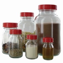 Wide-mouth bottles, clear and amber glass, PTFE-lined screw caps